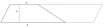 Trapes med høyde h og parallelle sider a og b. På figuren er det også skissert omrisset av en ny kopi av trapeset som er slik at de to til sammen danner et parallellogram.